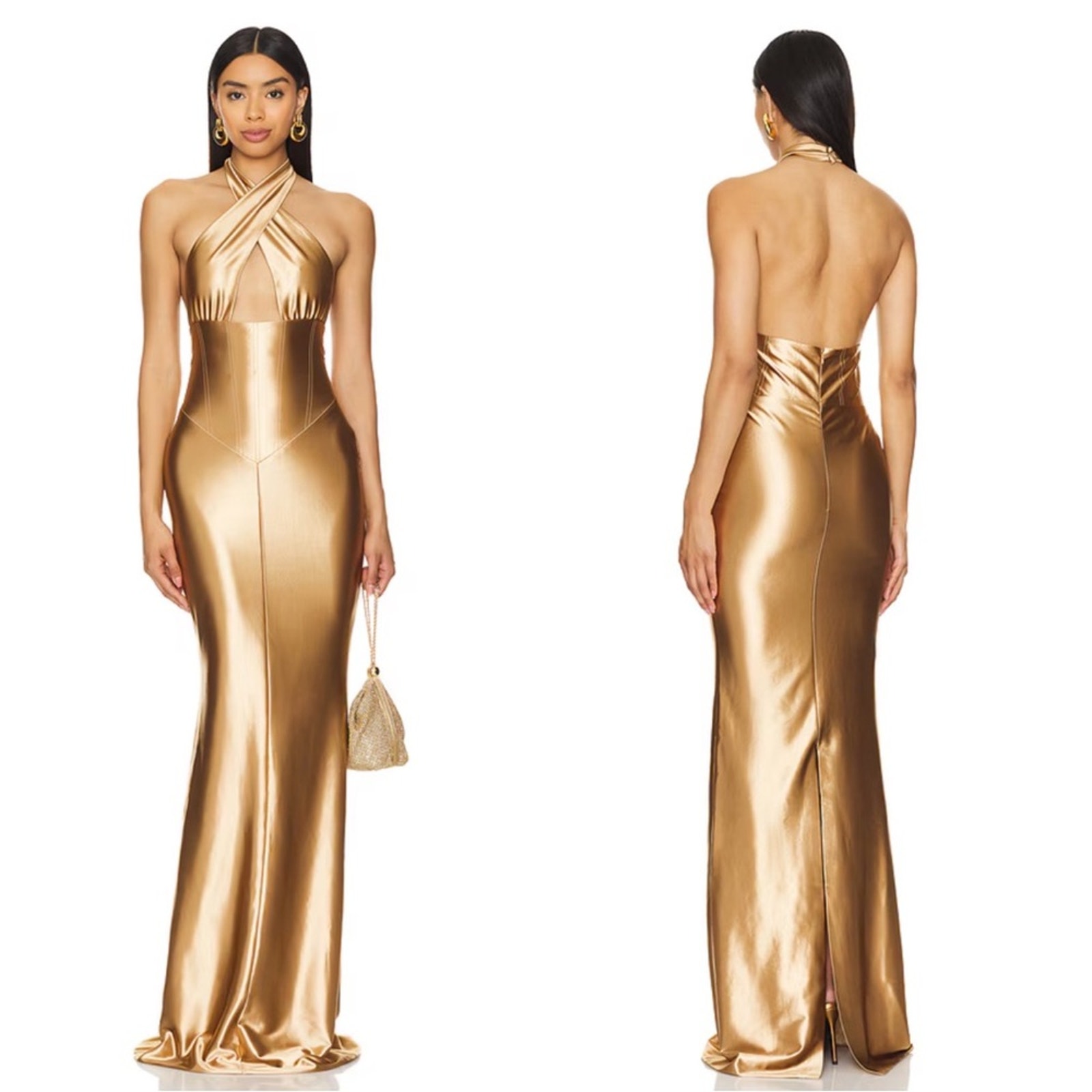 Retrofete Gold Charity Halterneck Cutout Bodycon Maxi Dress Size Medium