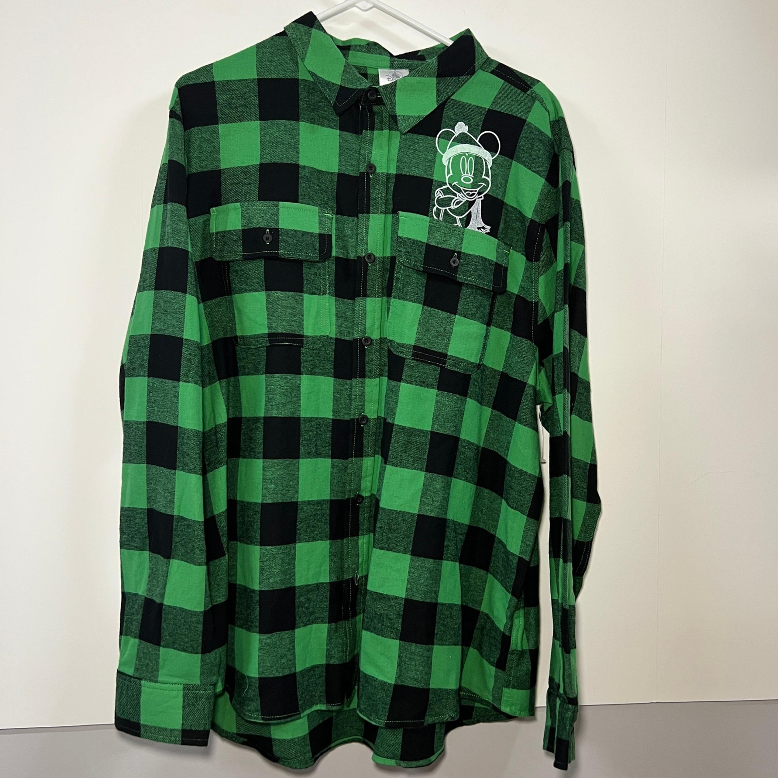 NWOT Disney Parks Long Sleeve Green Plaid Mickey Mouse Button Shirt Adult XL