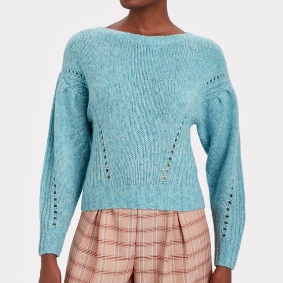 INTERMIX Joan Puff Sleeve Sweater Pointelle Wool Alpaca Pullover Knit Blue Small
