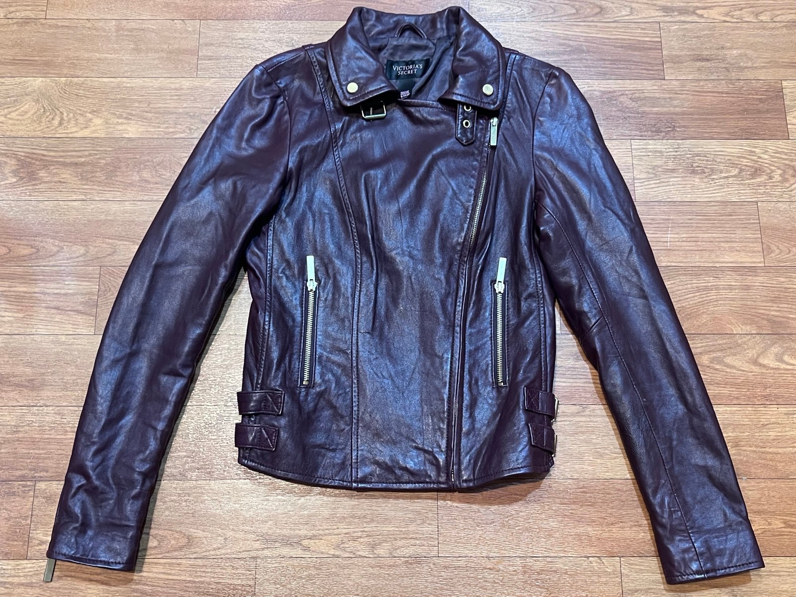 Victorias Secret VTG Burgundy Leather Moto Biker Jacket Womens Size XS