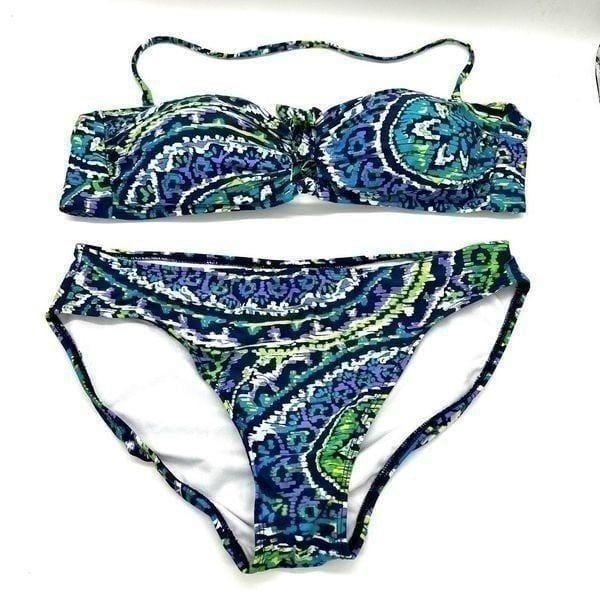 Lauren Ralph Lauren Bandeau Top Bikini Paisley Print Blue Green Periwinkle Size