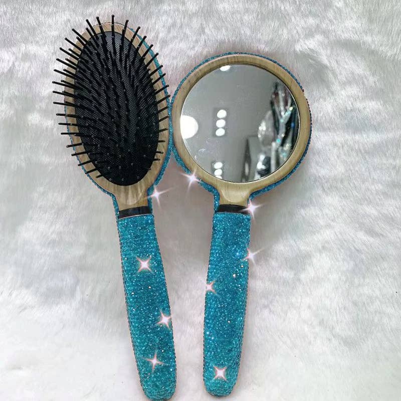 NEW Sparkling Bling Swarovski Crystal Rhinestone Hair Brush & Mirror Set