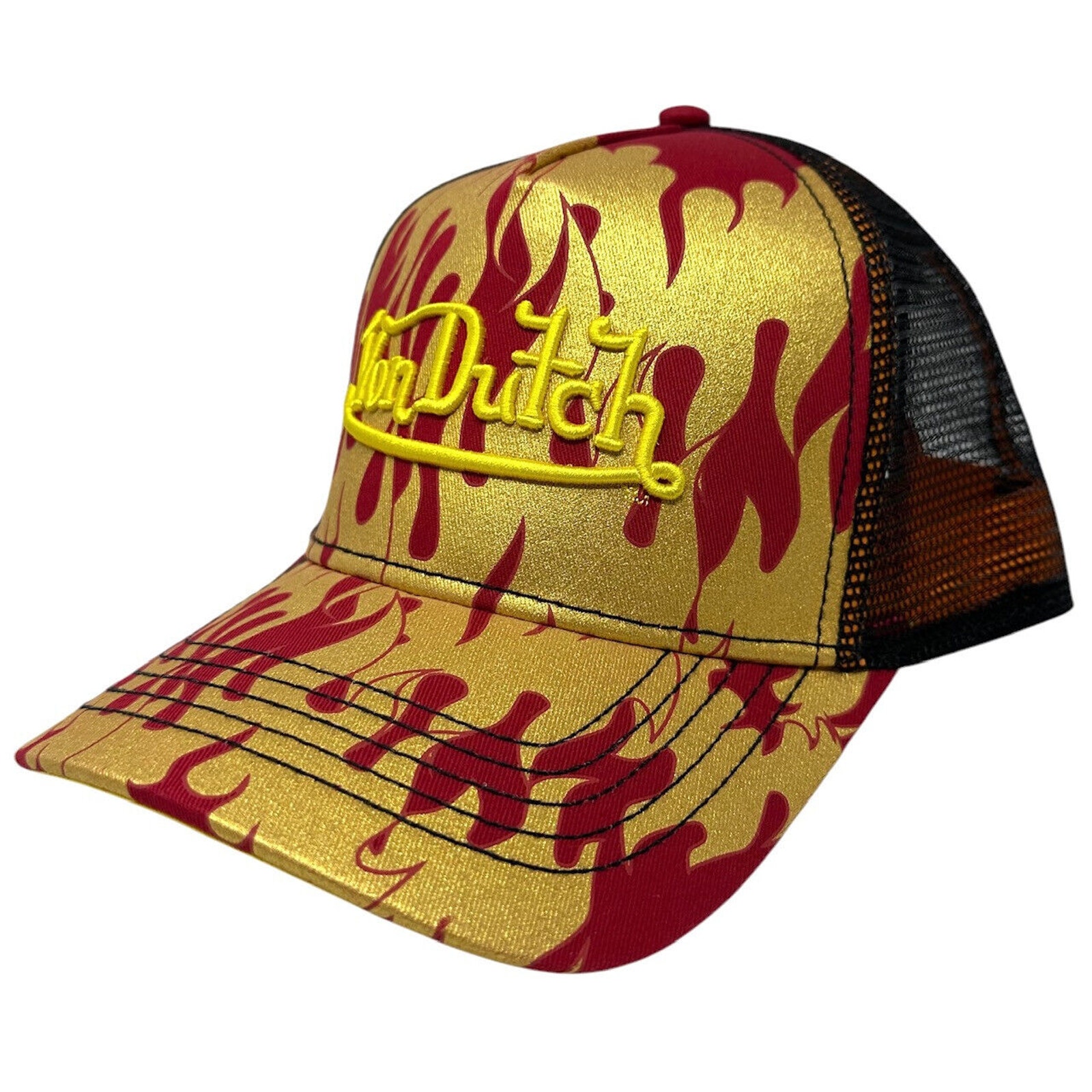 Von Dutch Trucker Hat City Of Angels Red Yellow Flame Embroidered Snapback Cap