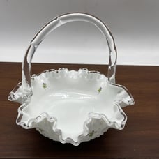 Vintage Fenton Basket Violets in the Snow Spanish Lace Silver Crest Signed
