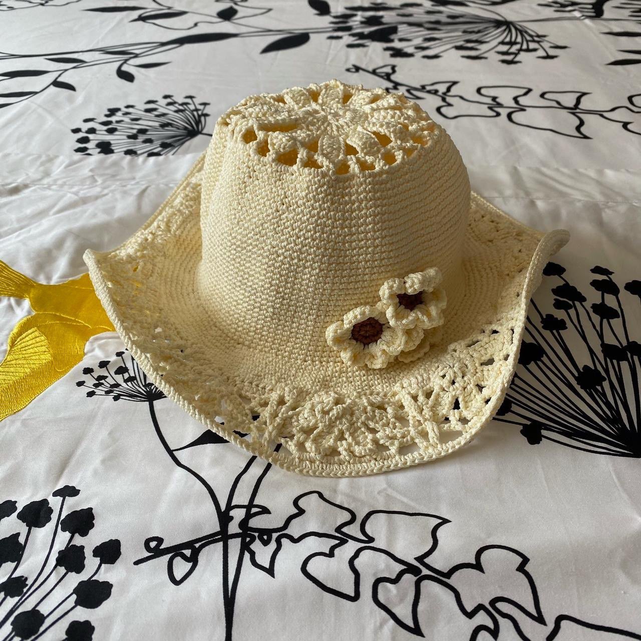 Ivory Crochet Wide Brim Hat with Flowers