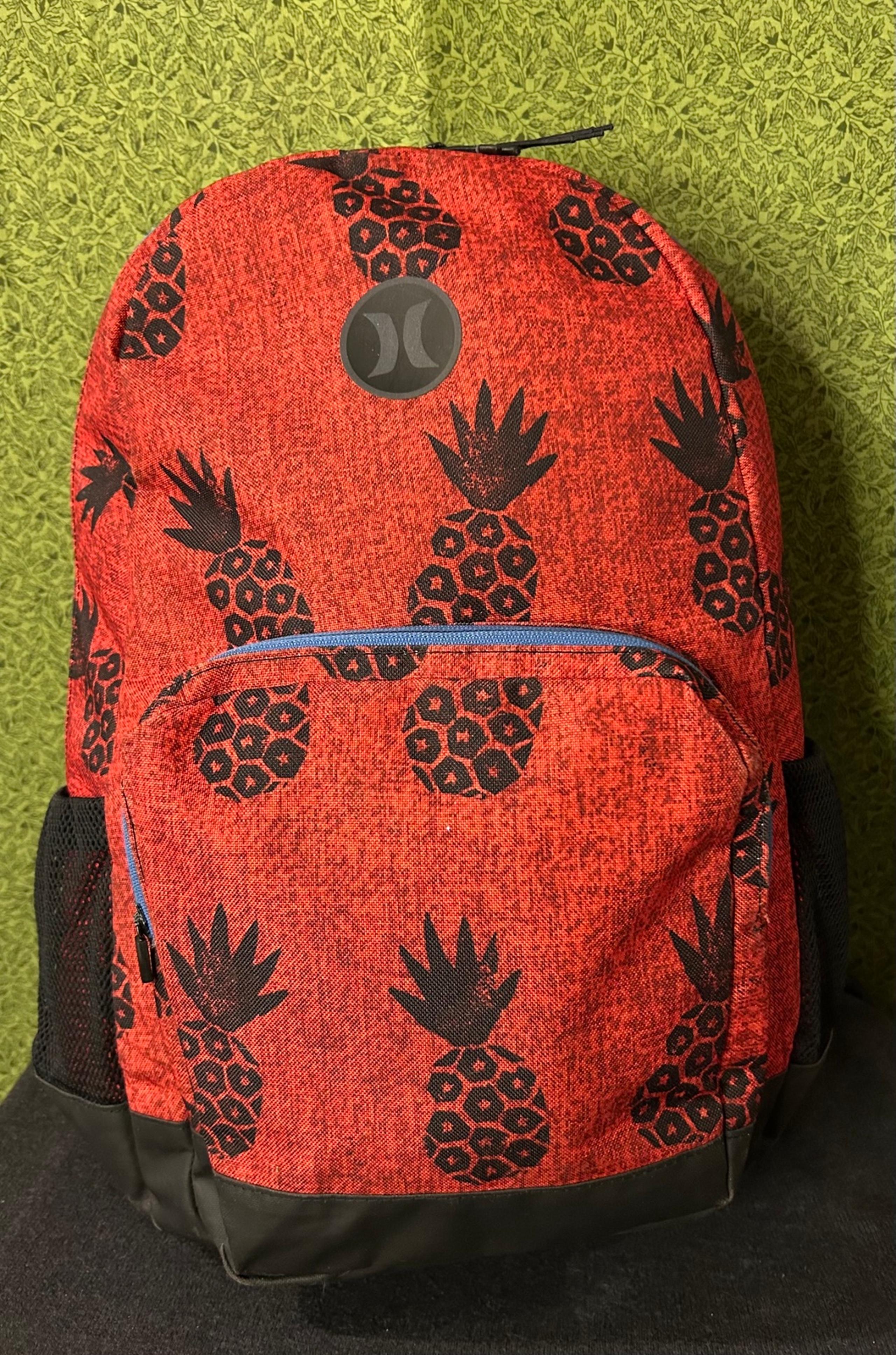 Hurley Pineapple Print Backpack Bookbag Red /Black  W/ Blue Zip Adult Mens Women