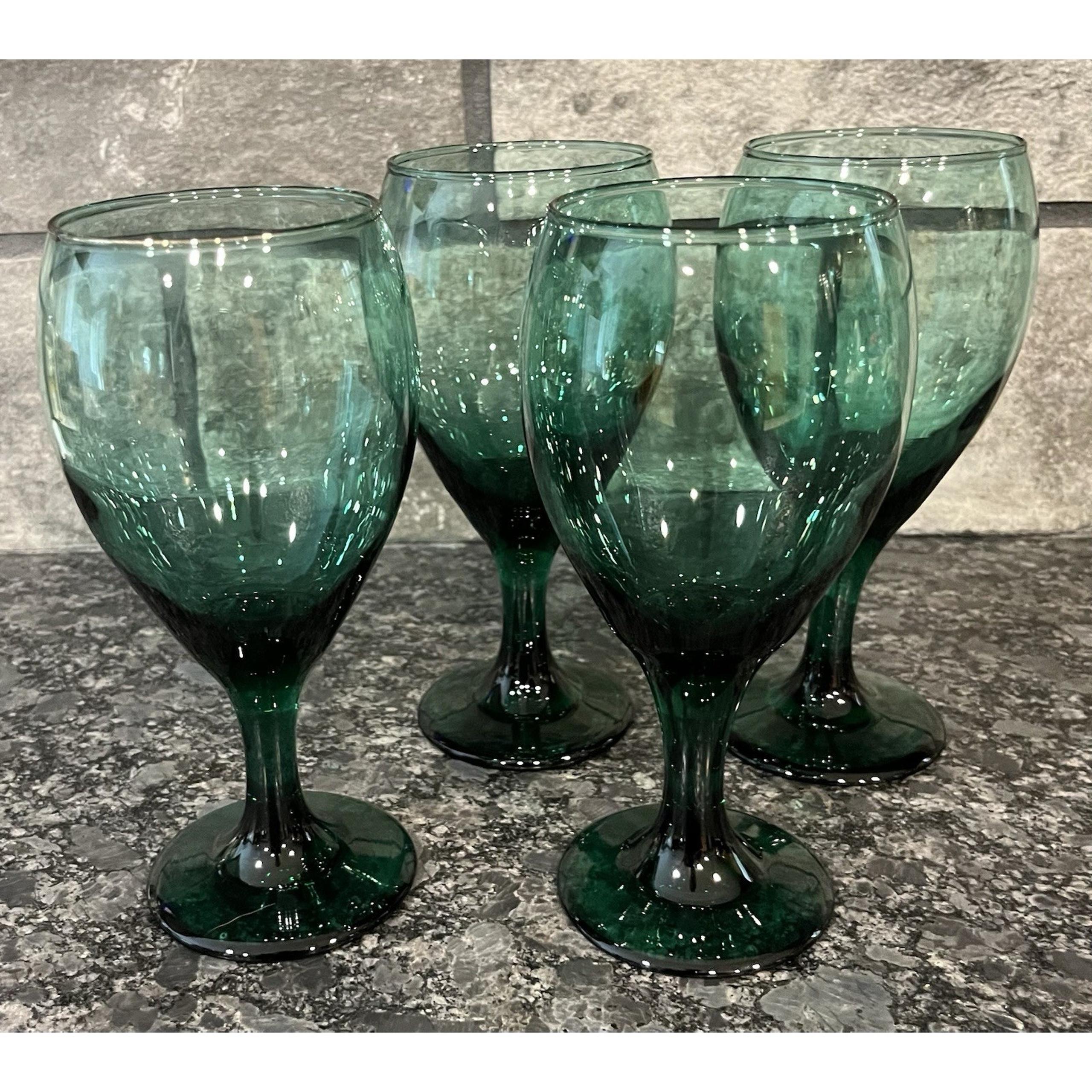 4 Vintage Libbey Teardrop Juniper Green Water/Wine Goblets 7" - 12 Oz