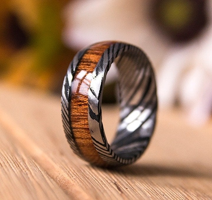 Mens Damascus Wedding Band Koa Wood Ring
