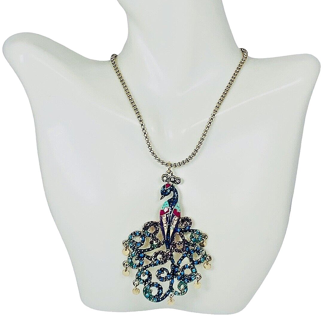 Betsey Johnson Crystal Peacock Bird Pendant Necklace 16