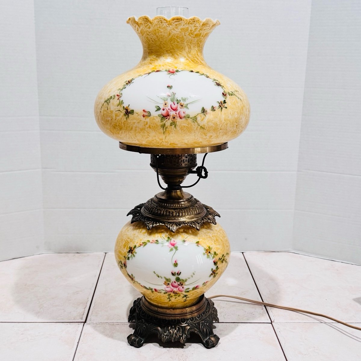 Vintage 22” Gone With The Wind Style Hand Painted 3-Way Glass Hurricane Lamp
