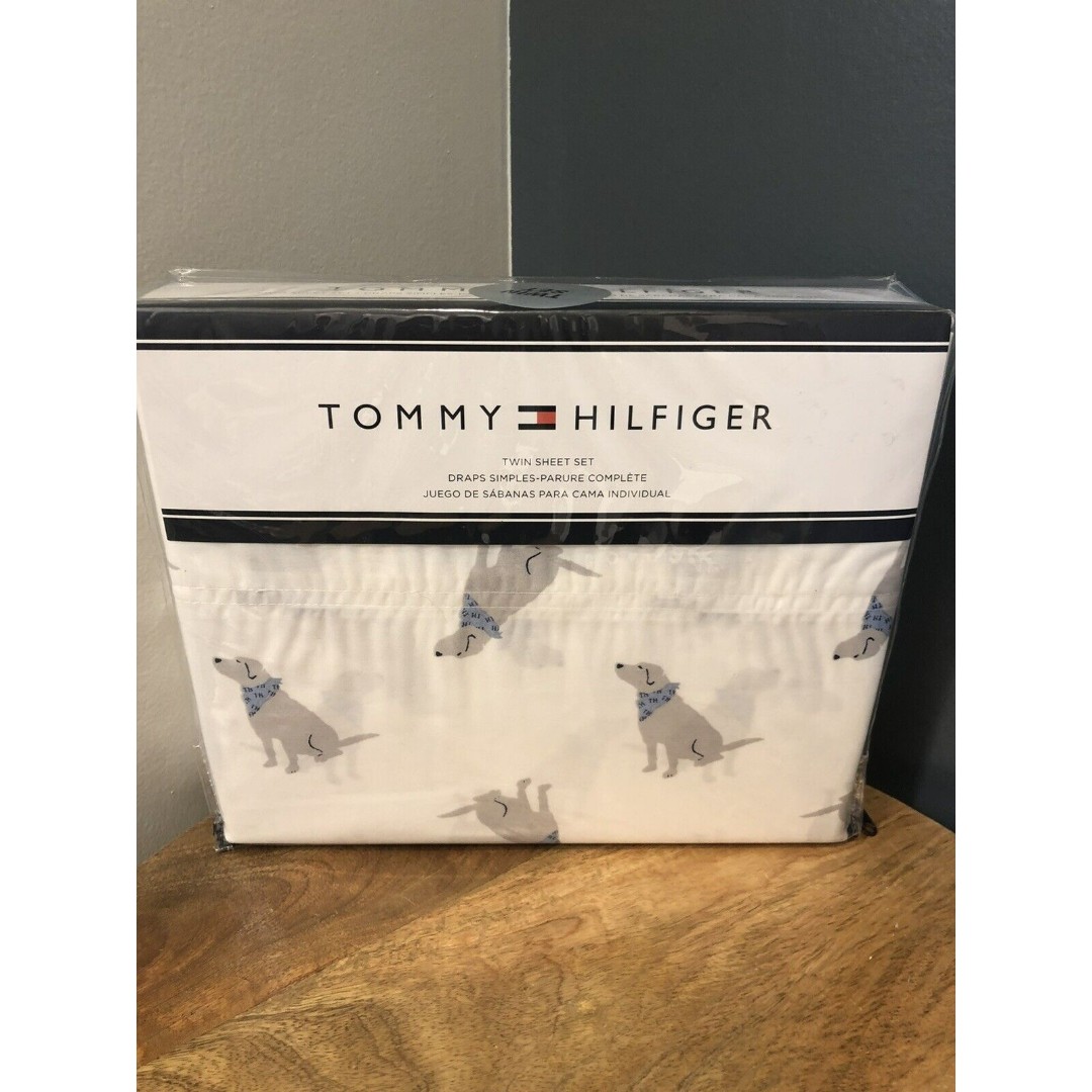 Tommy Hilfiger Dogs TWIN Sheet Set Labrador Retriever Dog Blue Scarf New
