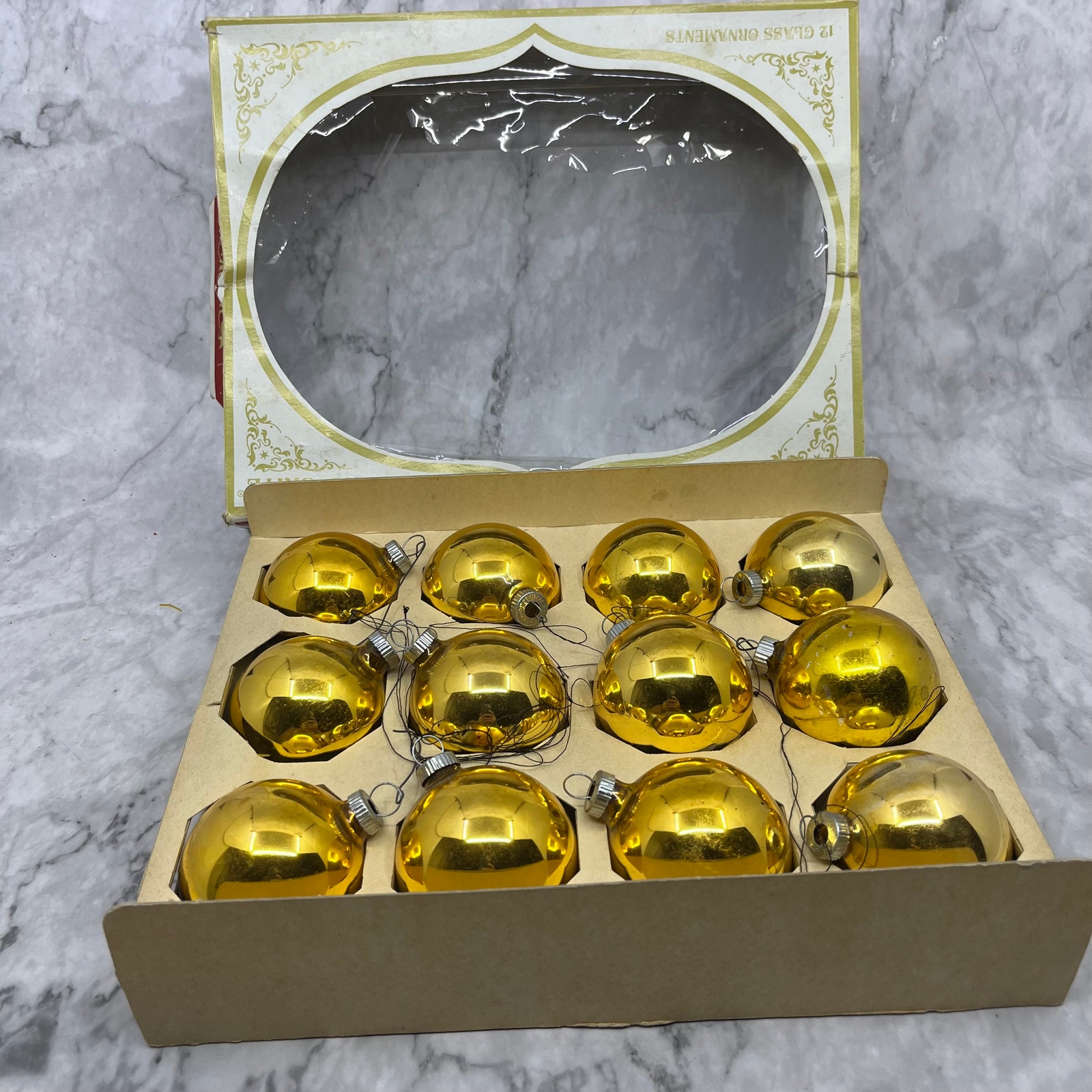 Shiny Brite 12 Vintage 2 1/4 Mercury Glass Ornaments Original Box Gold OT1