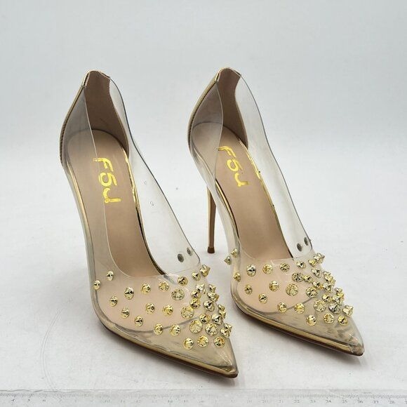 FSJ Gold Studded Pointed Toe Transparent Pumps High Heels Shoes