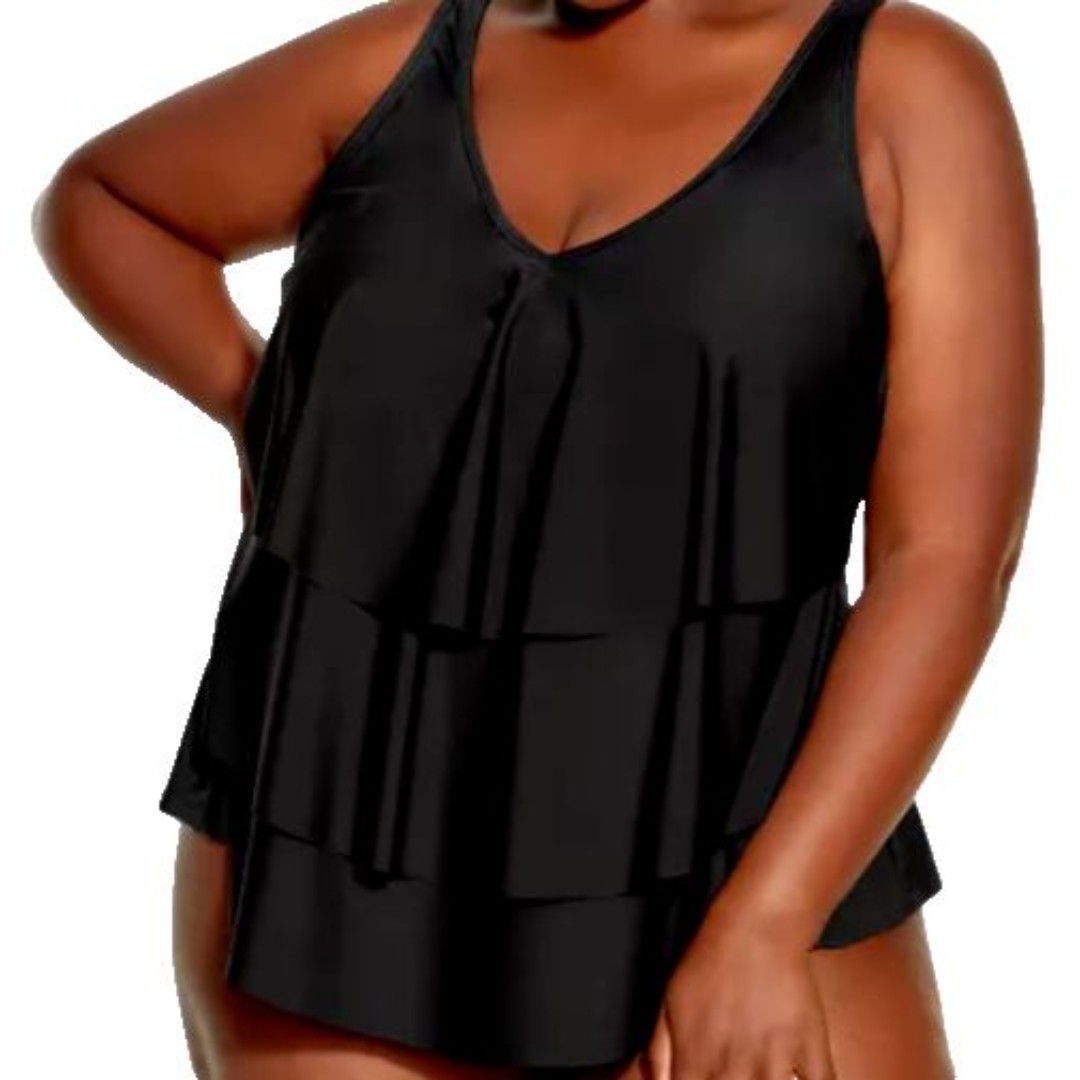 Avenue Plus Size 32 Black Tiered Tankini Swim Top Built In Molded Cup Shelf Bra