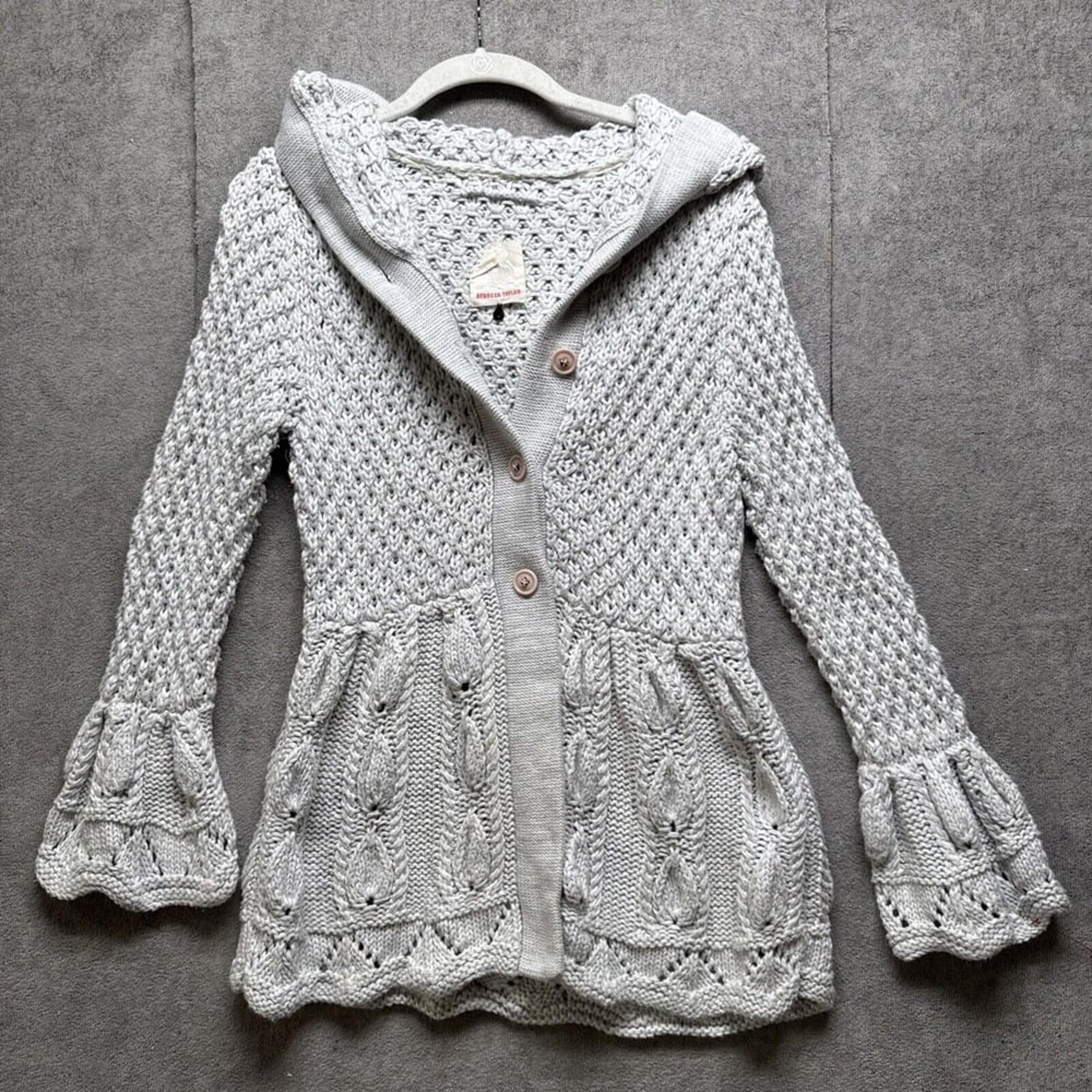 Rebecca Taylor Cable Knit Cardigan Womens L Hooded Sweater Gray Cotton Cashmere