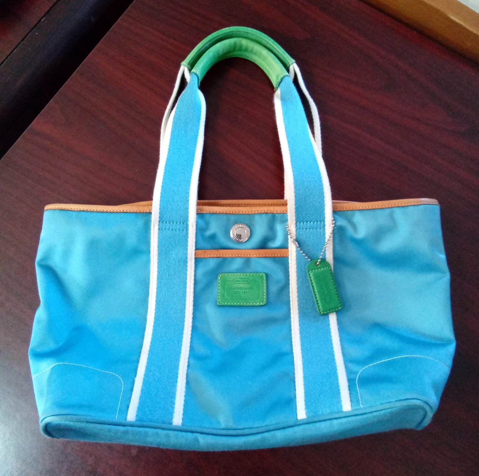 Coach Mini Hamptons Nylon Small Tote Handbag Teal Blue and Green