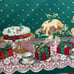 Vintage Christmas Tablecloth Teacups Cakes Border Green 99x57 Holiday Home Decor