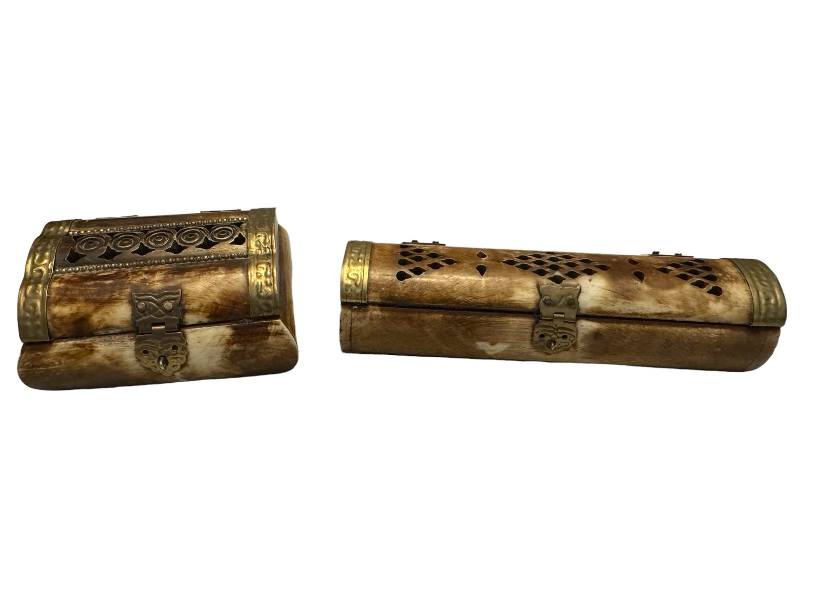 Set Vintage Handcrafted Camel Bone Trinket Jewelry Box Brass Hardware India