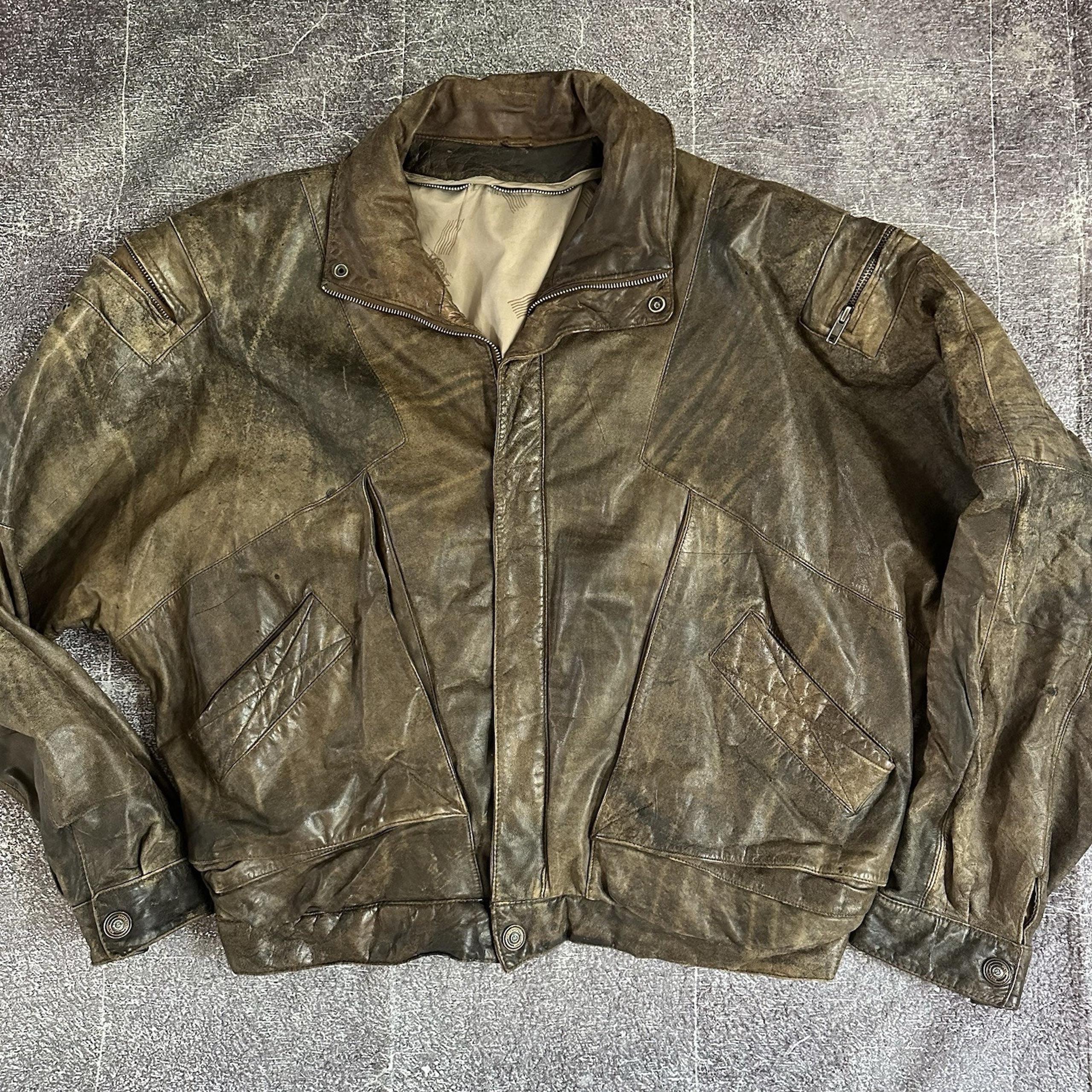 Men's Vintage 90's Adventure Bound Pilot Brown Faded Leather Bomber Jacket Sz L
