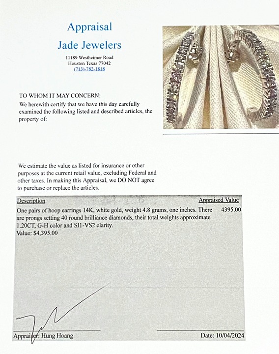 Appraised 4,395 14K white gold 1.2ct G/VS2 Diamond hoop earrings JR9352