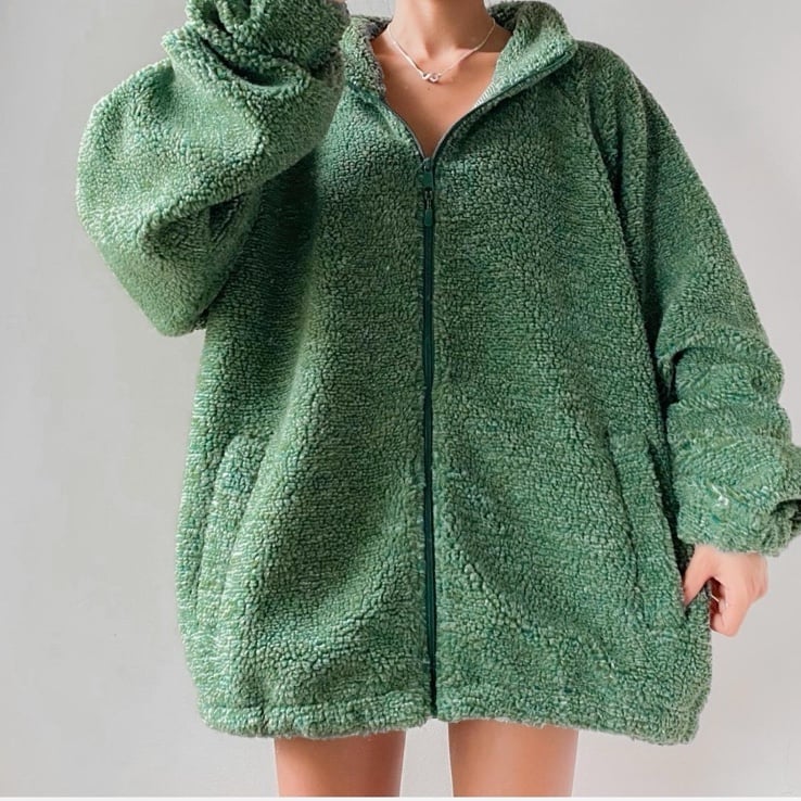 BDG Urban Outfitters Fleece Sherpa Green Zip Up Sweatshirt