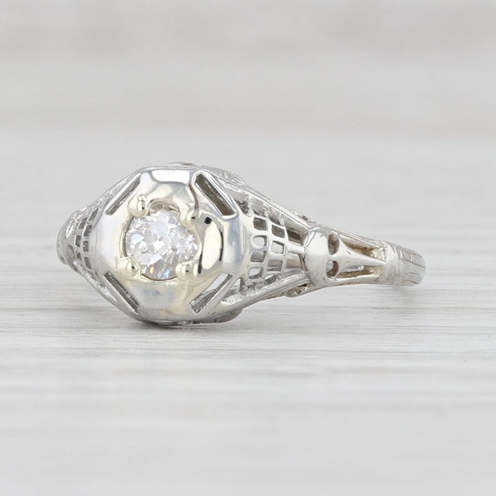 Art Deco 0.23ct Diamond Solitaire Engagement Ring 18k White Gold Size 5.75