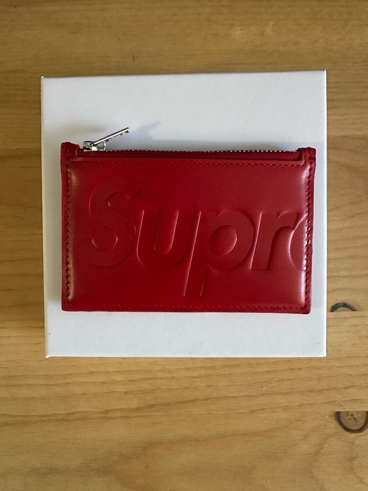 Supreme leather zip card holder red SS25