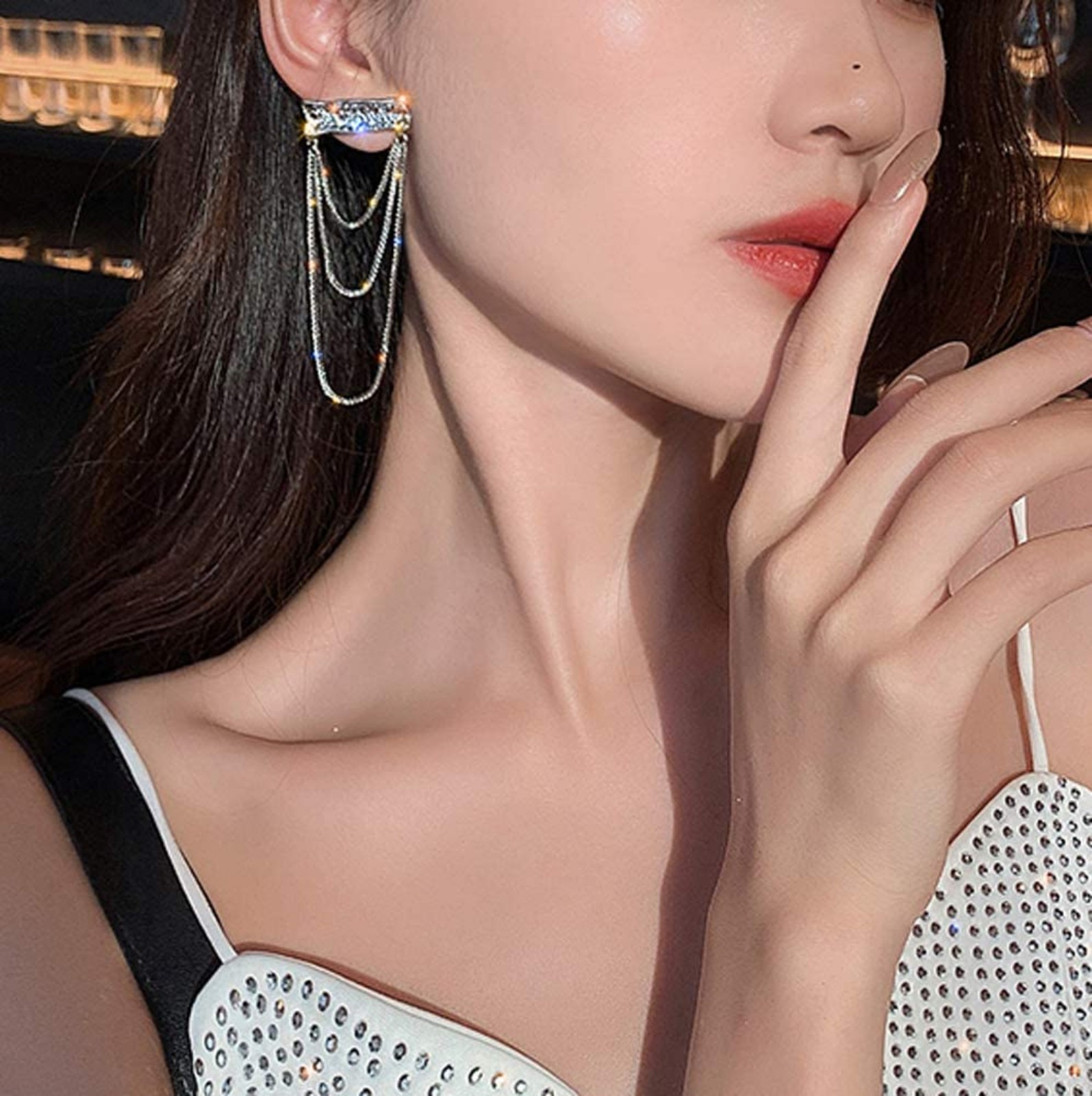Fashion Girl Tassel Earring Set Silver Hoop Bar Earring Set Women