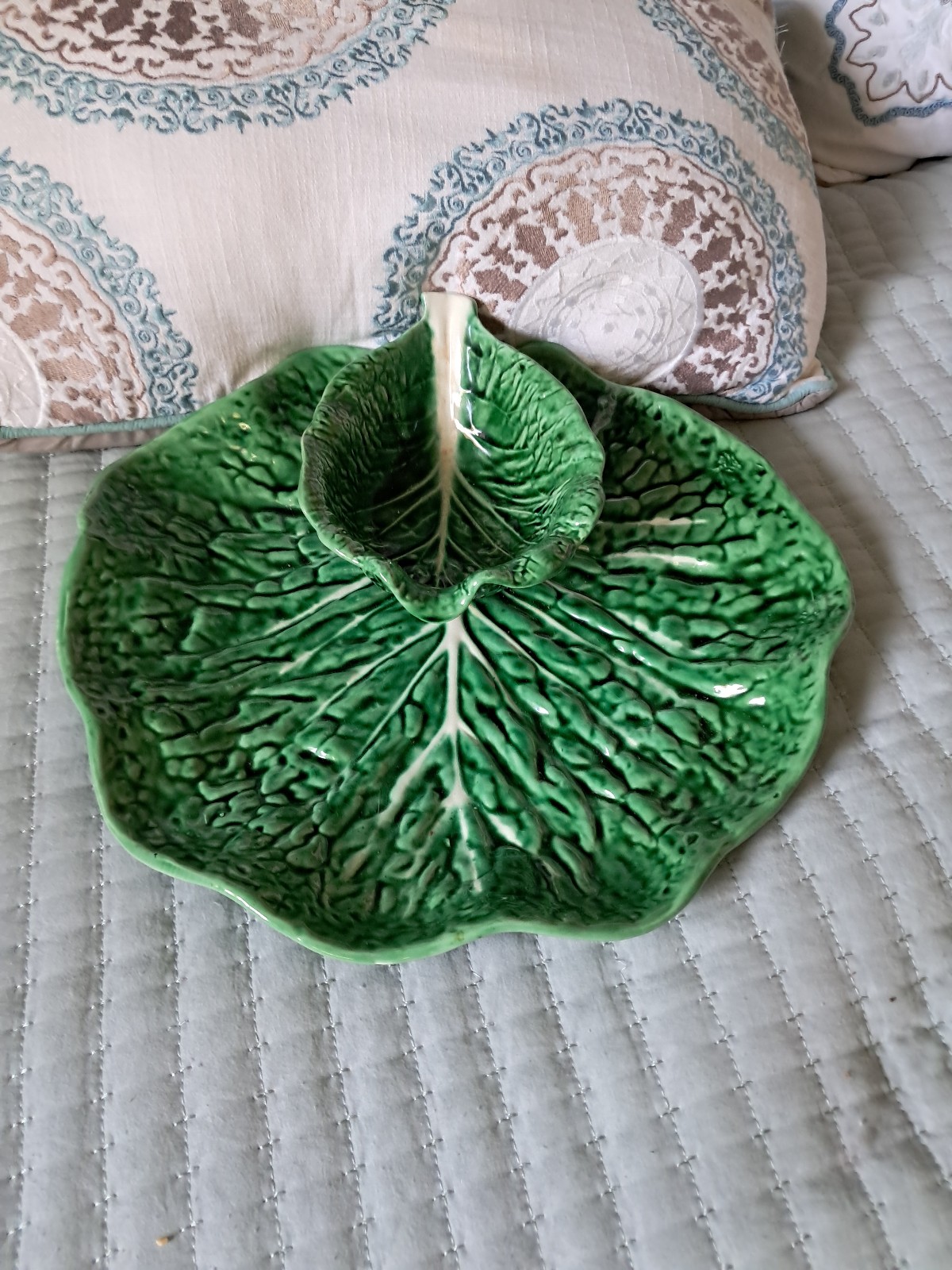 Vintage SECLA PORTUGAL Emerald Green Cabbage Serving Platter Attached Dip Bowl