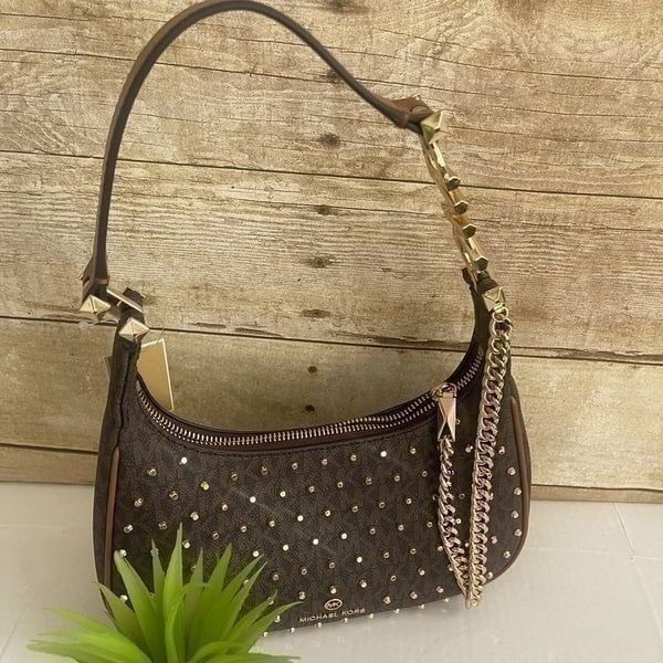 Micheal Kors pouchette piper small leather shoulder bag Color: Brown/Acorn