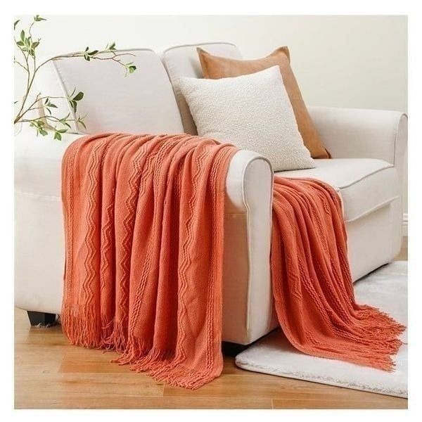 Salmon Color Boho Knitted Weaved Throw Blanket