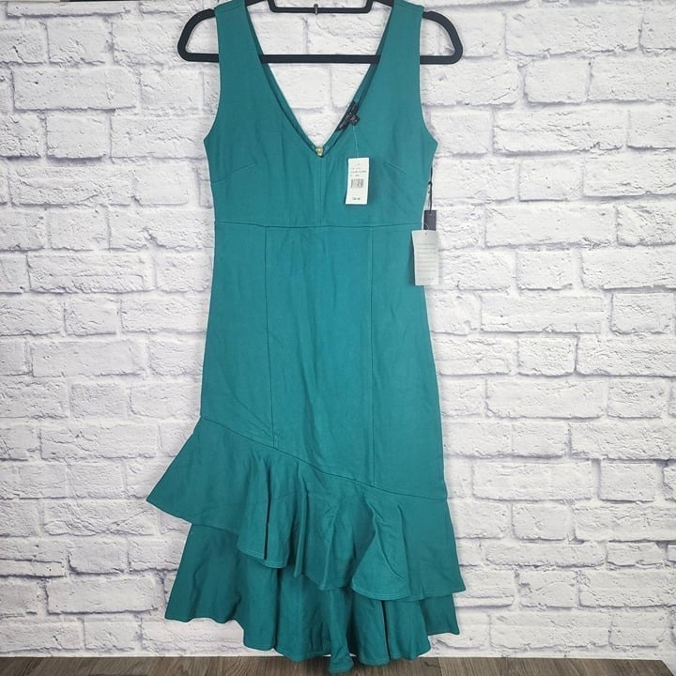Felicity & Coco Women's Small Bottle Green Sleeveless Ruffle Bottom Midi Dress