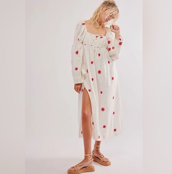 NEW Free People Emory Embroidered Cotton-Linen Blend Midi Dress Ivory NWOT Sz S