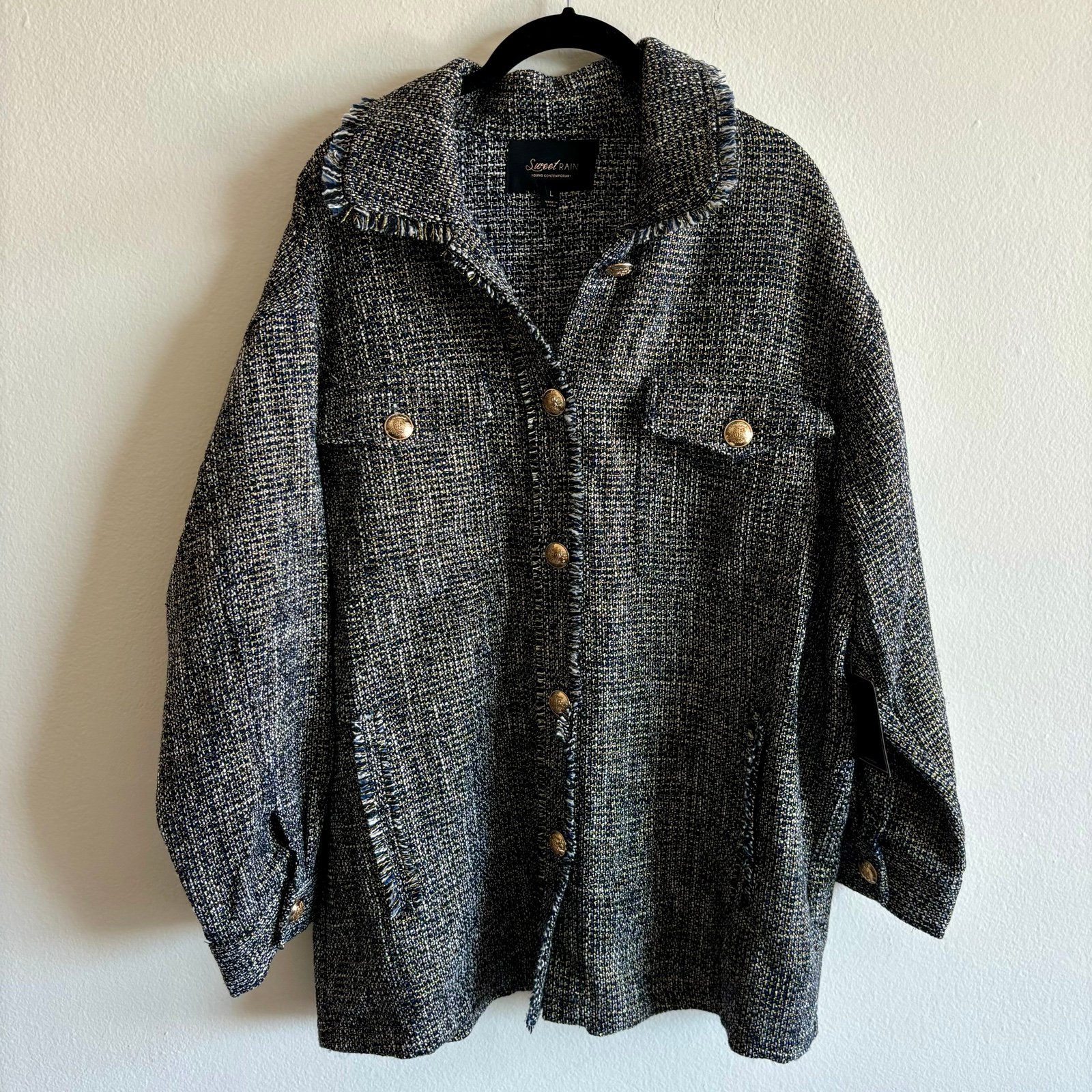 NWT Sweet Rain Women's Gray Gold Sparkle Tweed Jacket Shacket Blazer Layering L