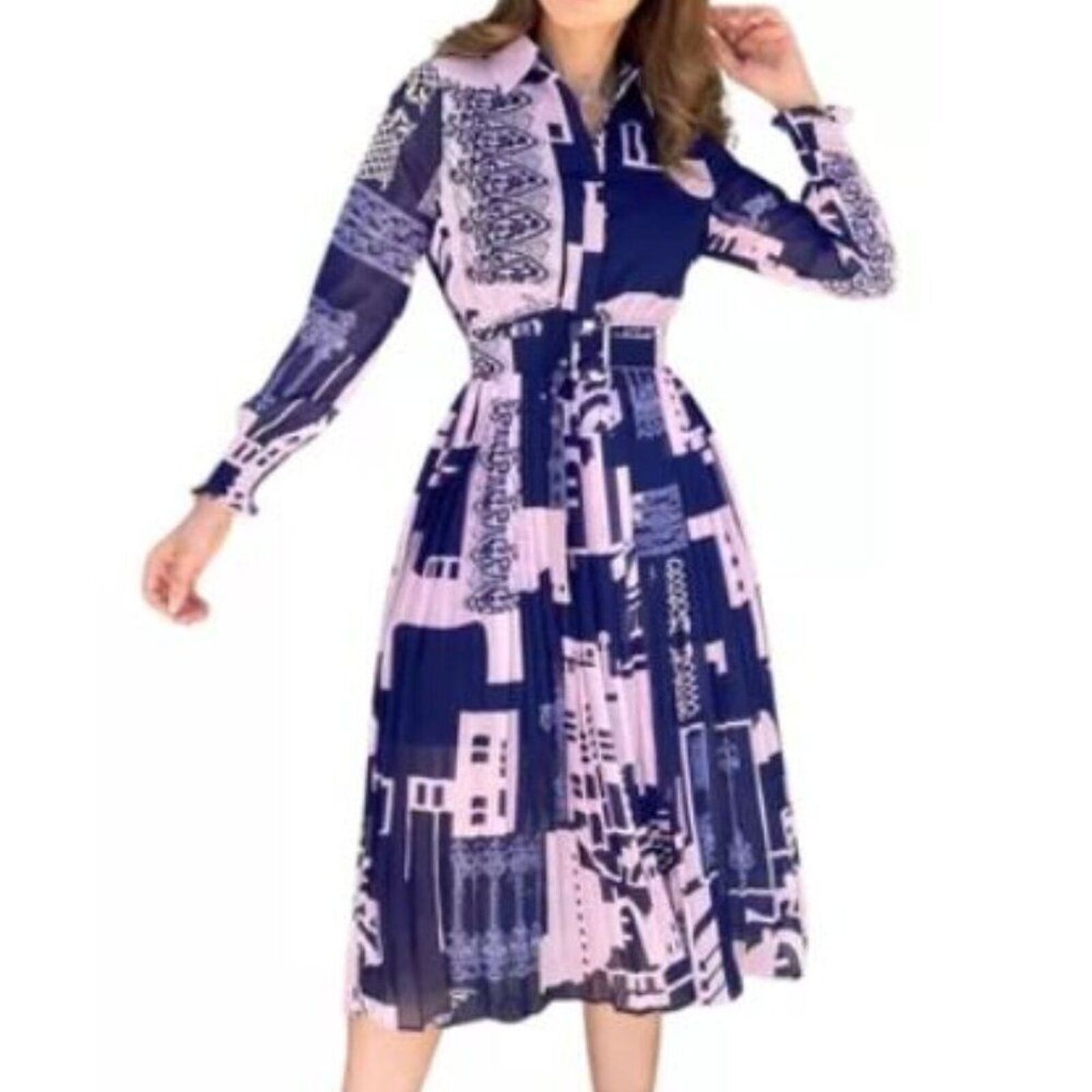NWT Han Queen Printed Long Sleeve Lined Pleated Dress | medium