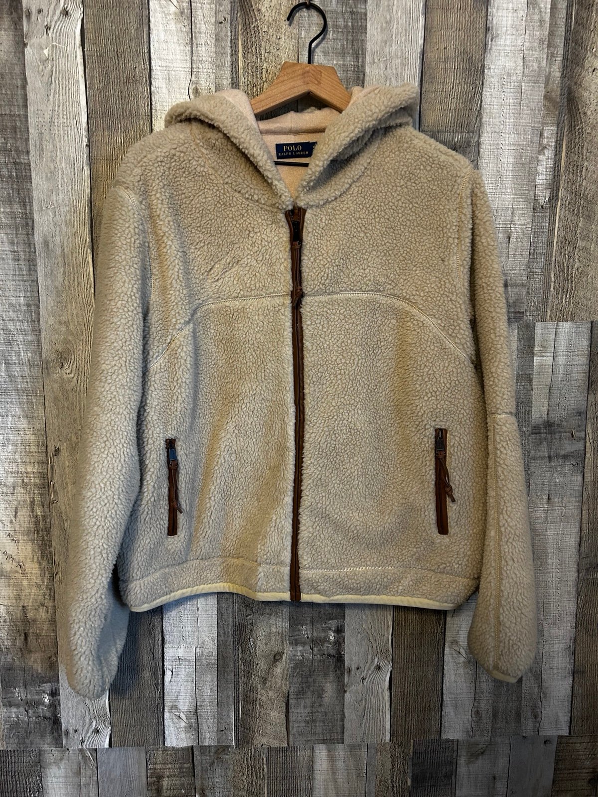 Polo Ralph Lauren Sherpa Hooded Jacket Full Zip Tan Women’s Size XL Multi Pocket
