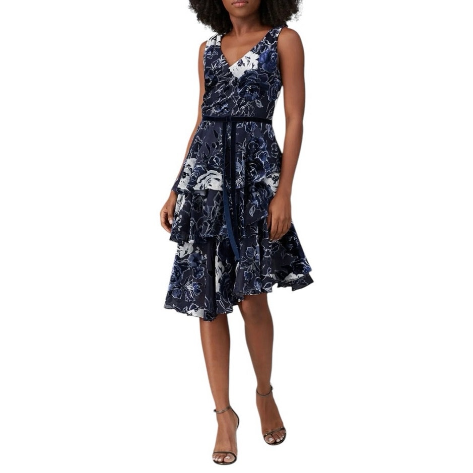 Marchesa Notte Ruffle Tiered Velvet Cocktail Dress Navy silver accents Size 8