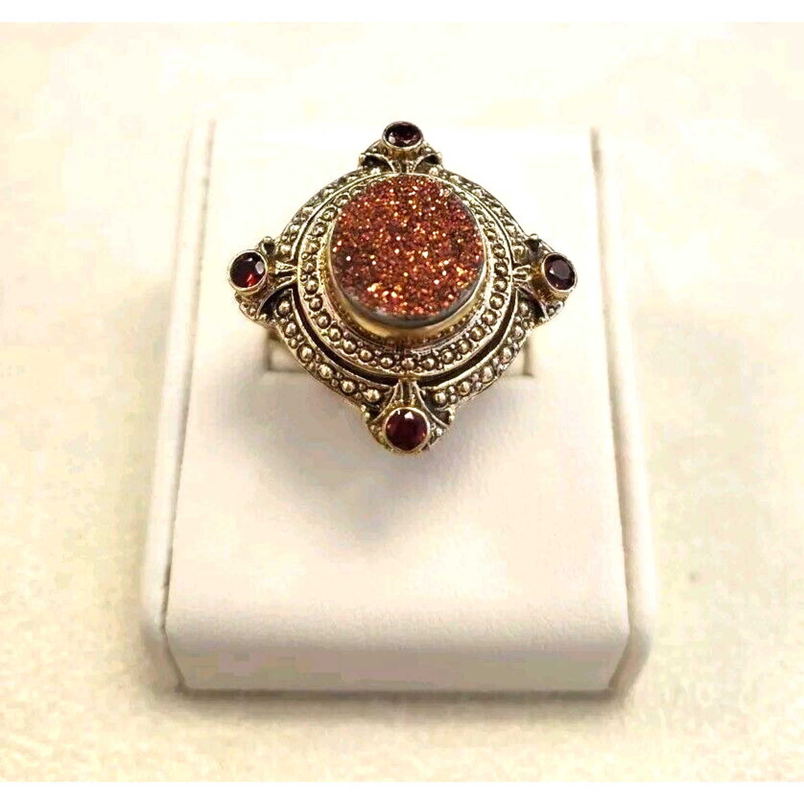 Nicky Butler Druzy Ring Size 10 Signed NB India Ornate Gold Tone Over Bronze