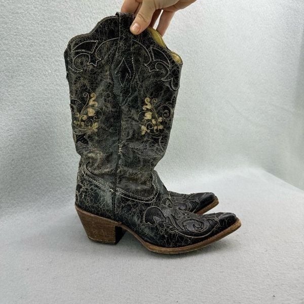 Corral Womens Distressed Leather Pointed Toe Western Boots Black Size 6.5W