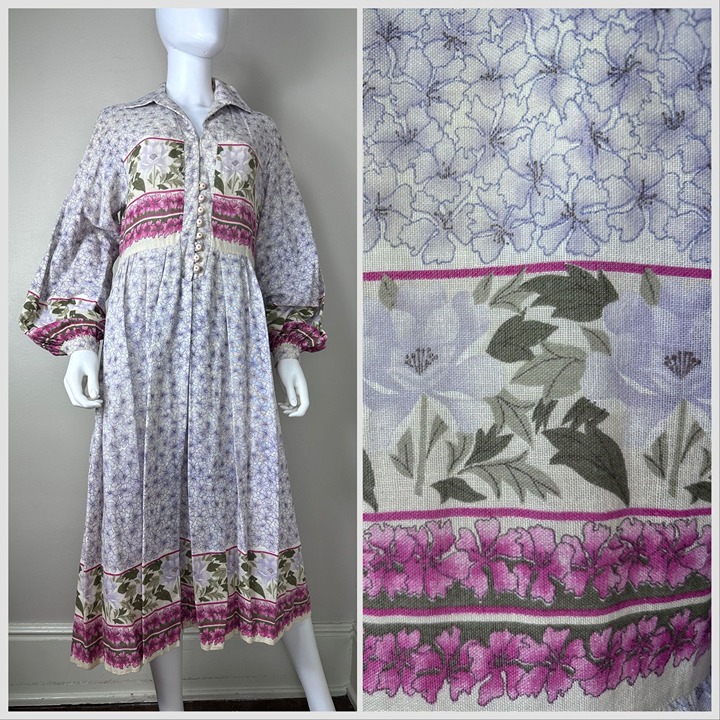 Vintage 1970s Purple Floral Border Print Midi Dress, Size Medium