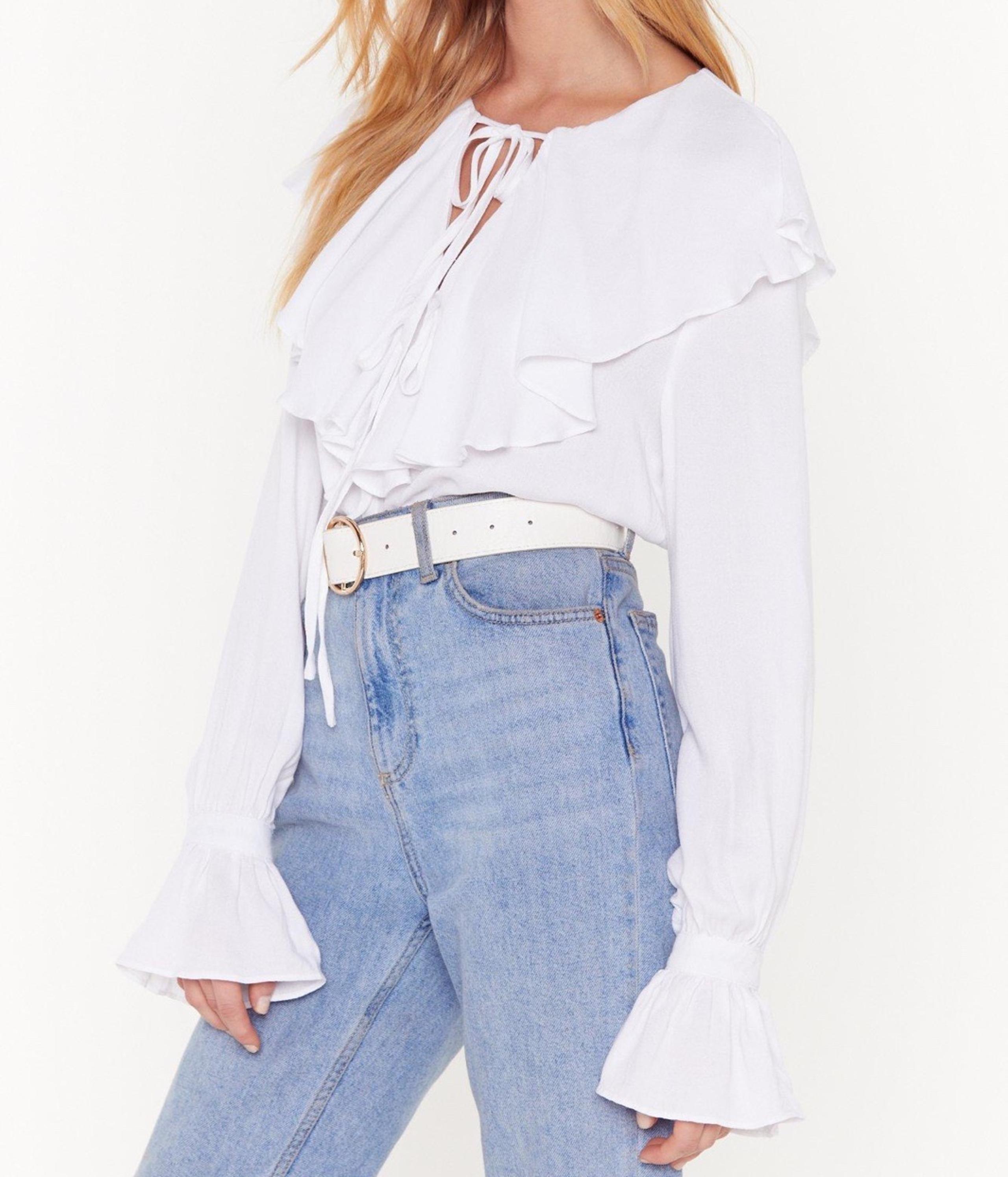 NASTY GAL Frill Neck Tie White Blouse