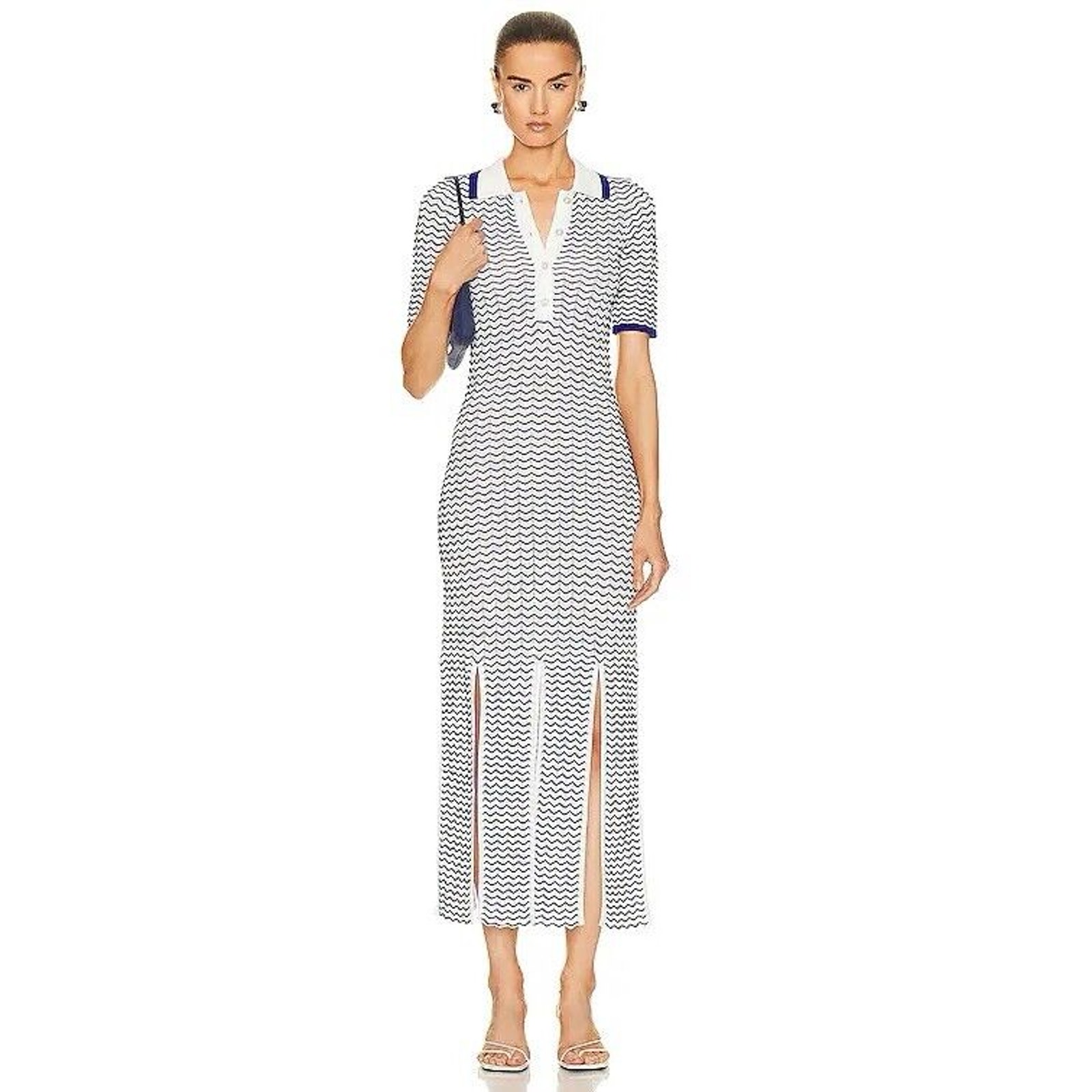 NWOT REMAIN 3d Wave Knit Polo Slit Dress Blue Chevron Collared 8