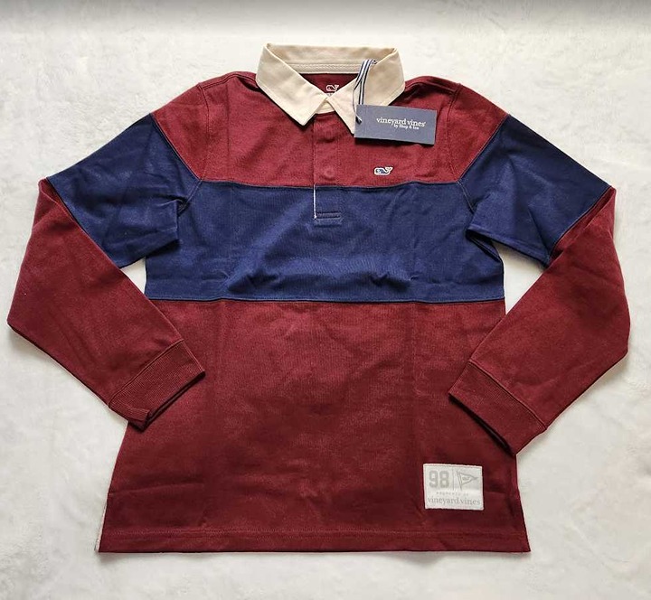 New Boys M (12-14) Vineyard Vines crimson striped rugby polo longsleeve shirt