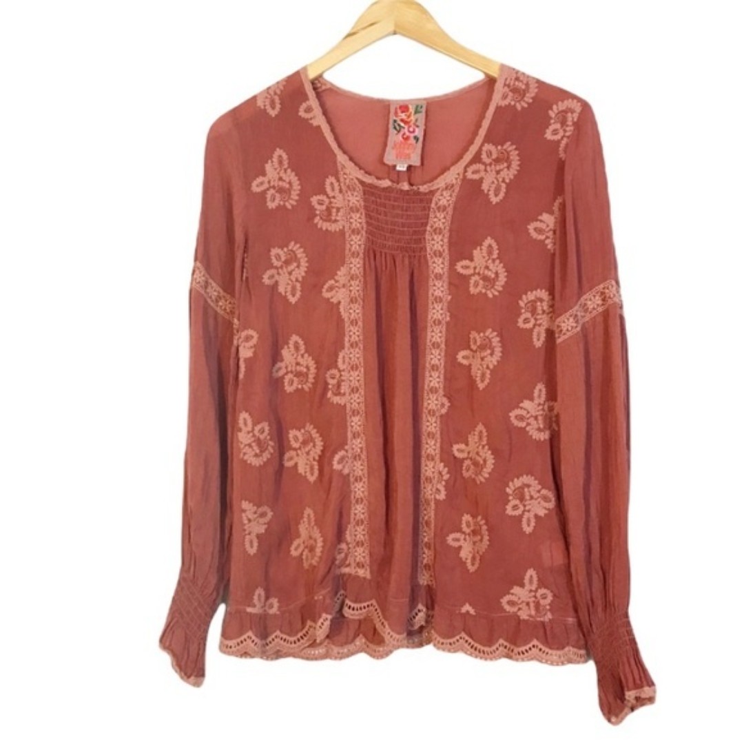 JOHNNY WAS Smocked Embroidered Peasant Top XS