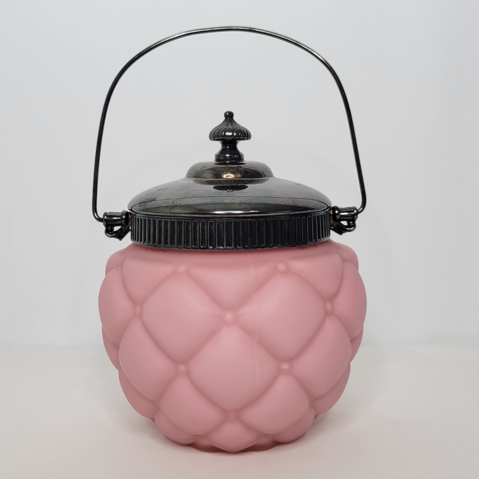 Antique Consolidated Glass Pink Satin Quilted Biscuit Jar Lid & Handle 8 x 5.5 