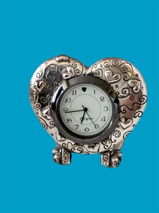 Brighton Retired Heart Clock Mini Foldable Silver Tone Swirls Cute Desk Travel