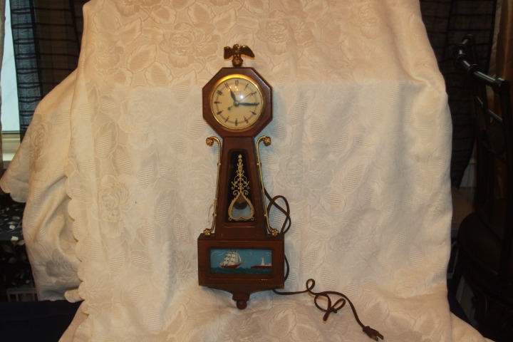 Vintage United Clock Co Electric Pendulum Banjo Clock Reverse Painted Ship Scene