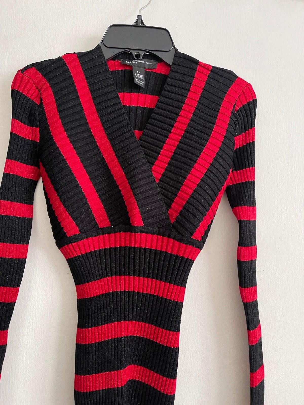INC International Concepts Petite Ribbed Metallic Stripe Sweater Red and Black