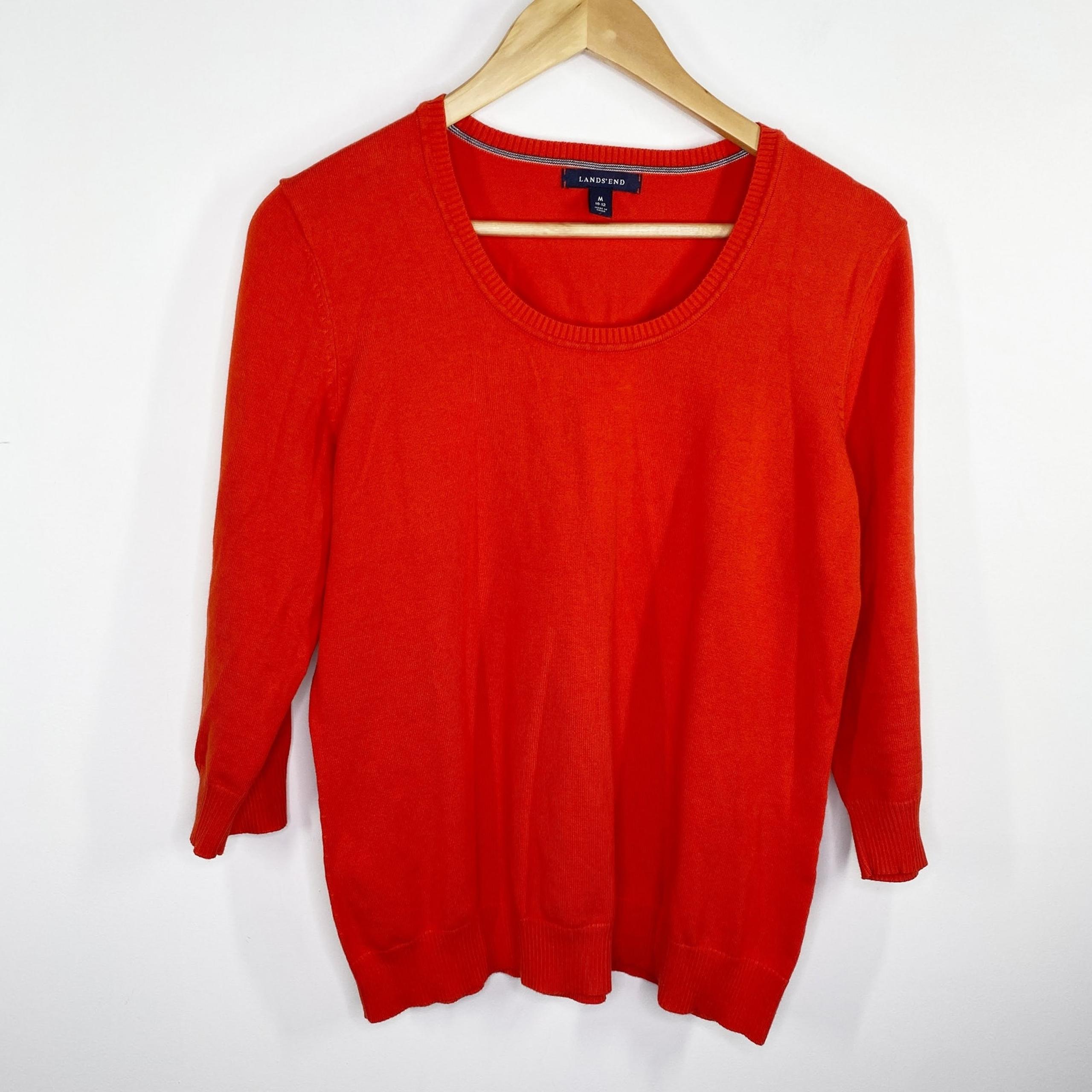 Lands' End Womens Tunic Sweater Size M Red 3/4 Sleeve Cotton Stretch Casual