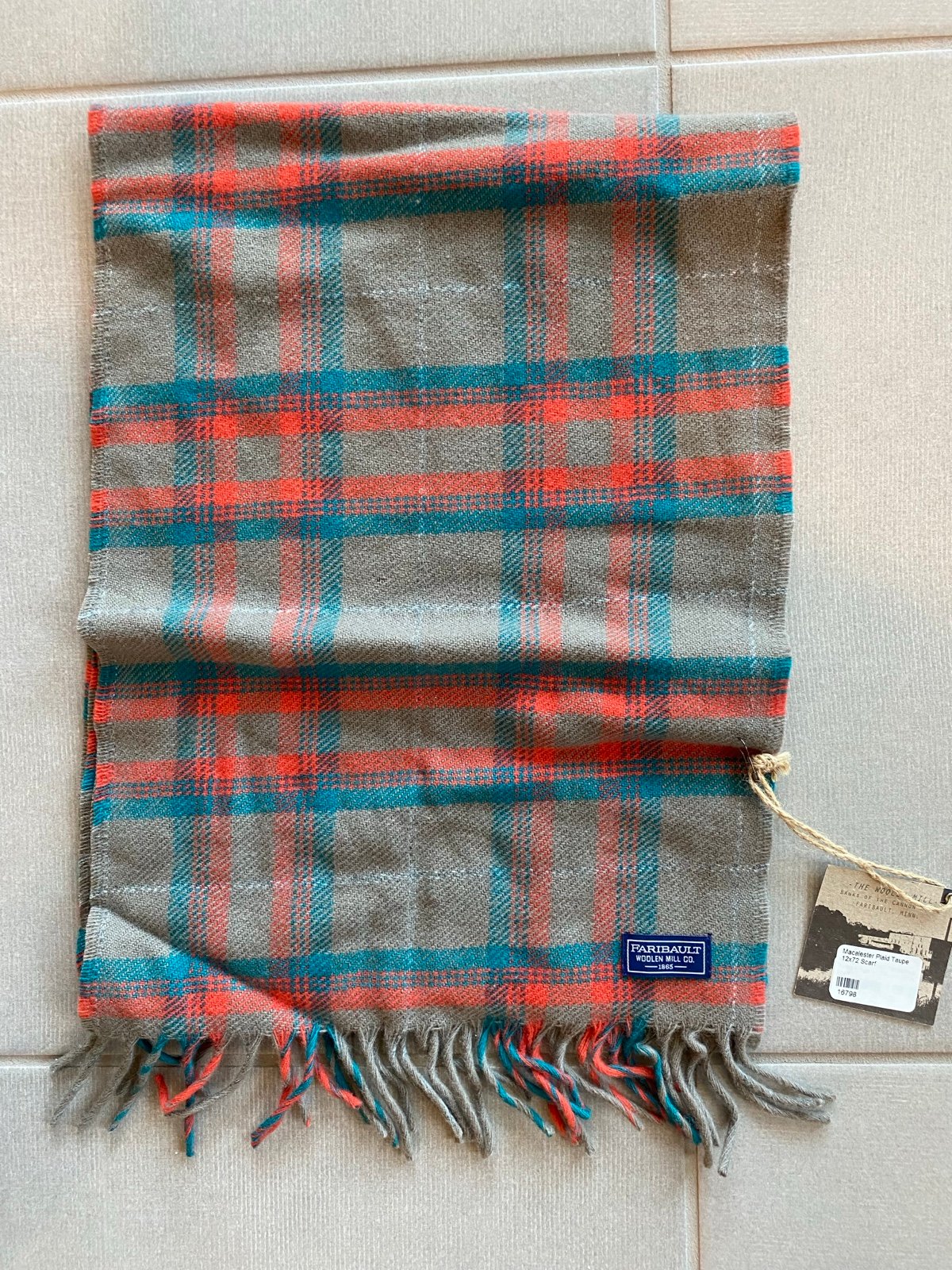 Faribault Woolen Mills Hatchet Plaid Wool Scarf Macalester Plaid Taupe 12x72